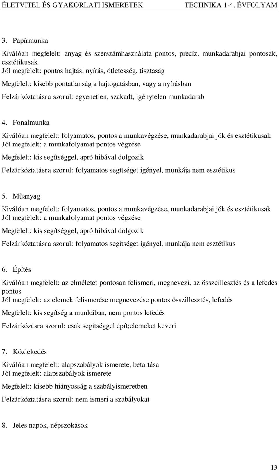 Fonalmunka Kiválóan megfelelt: folyamatos, pontos a munkavégzése, munkadarabjai jók és esztétikusak Jól megfelelt: a munkafolyamat pontos végzése Megfelelt: kis segítséggel, apró hibával dolgozik