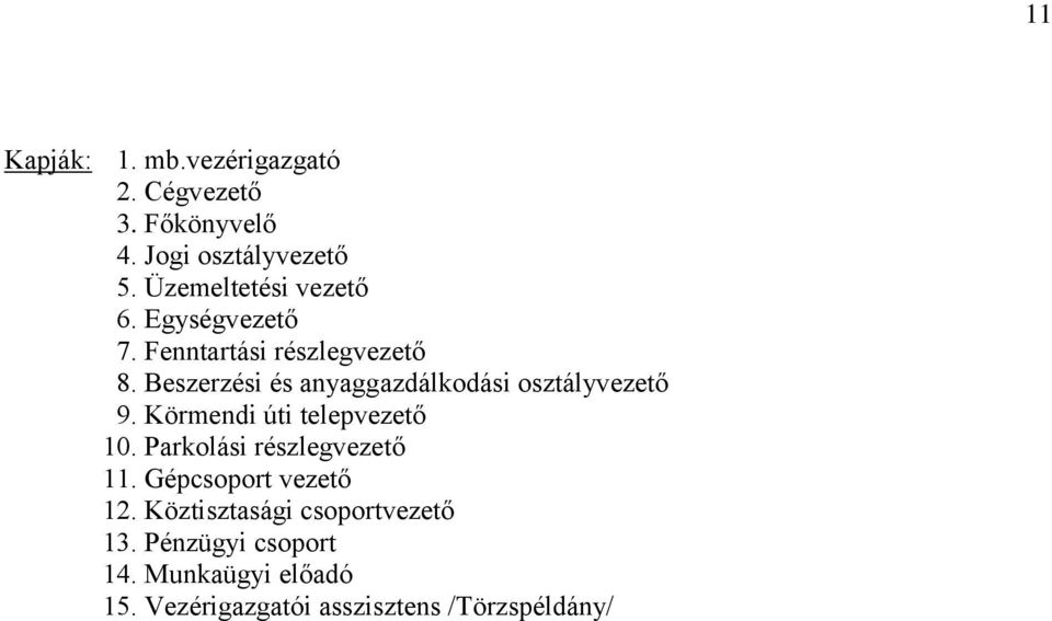 Beszerzési és anyaggazdálkodási osztályvezető 9. Körmendi úti telepvezető 10.