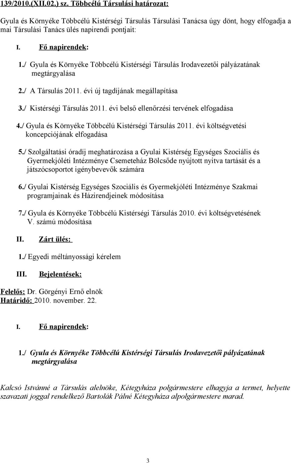 évi belső ellenőrzési tervének elfogadása 4./ Gyula és Környéke Többcélú Kistérségi Társulás 2011. évi költségvetési koncepciójának elfogadása 5.