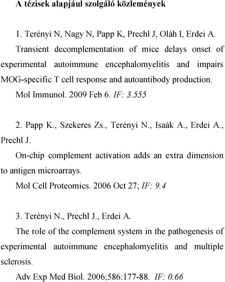 Mol Immunol. 2009 Feb 6. IF: 3.555 2. Papp K., Szekeres Zs., Terényi N., Isaák A., Erdei A., Prechl J.