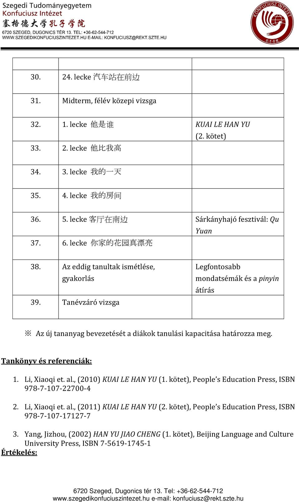 Tanévzáró vizsga Legfontosabb mondatsémák és a pinyin átírás Az új tananyag bevezetését a diákok tanulási kapacitása határozza meg. Tankönyv és referenciák: 1. Li, Xiaoqi et. al.