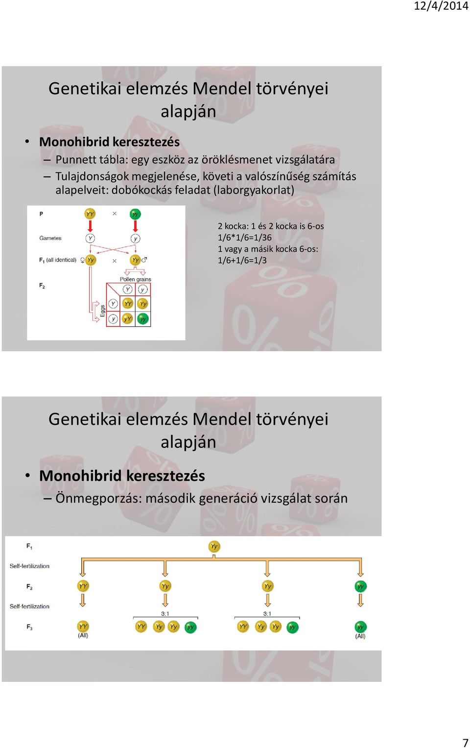 feladat (laborgyakorlat) 2 kocka: 1 és 2 kocka is 6-os 1/6*1/6=1/36 1