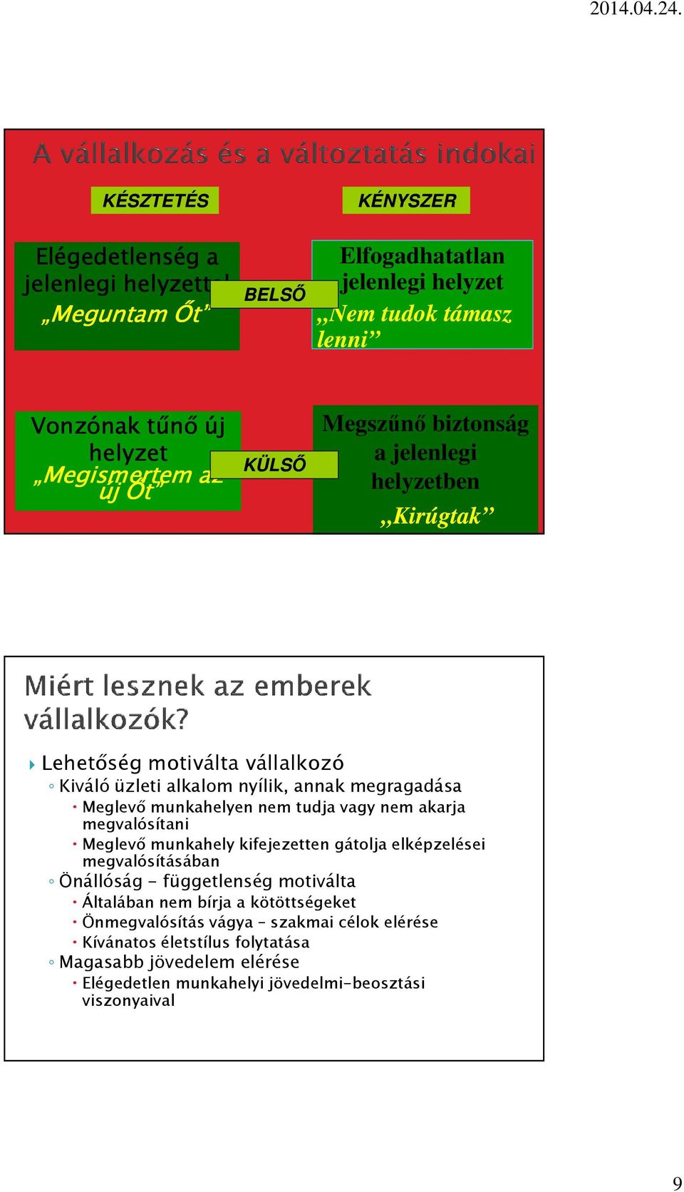 tudja vagy nem akarja megvalósítani Meglevő munkahely kifejezetten gátolja elképzelései megvalósításában Önállóság - függetlenség motiválta Általában nem bírja a