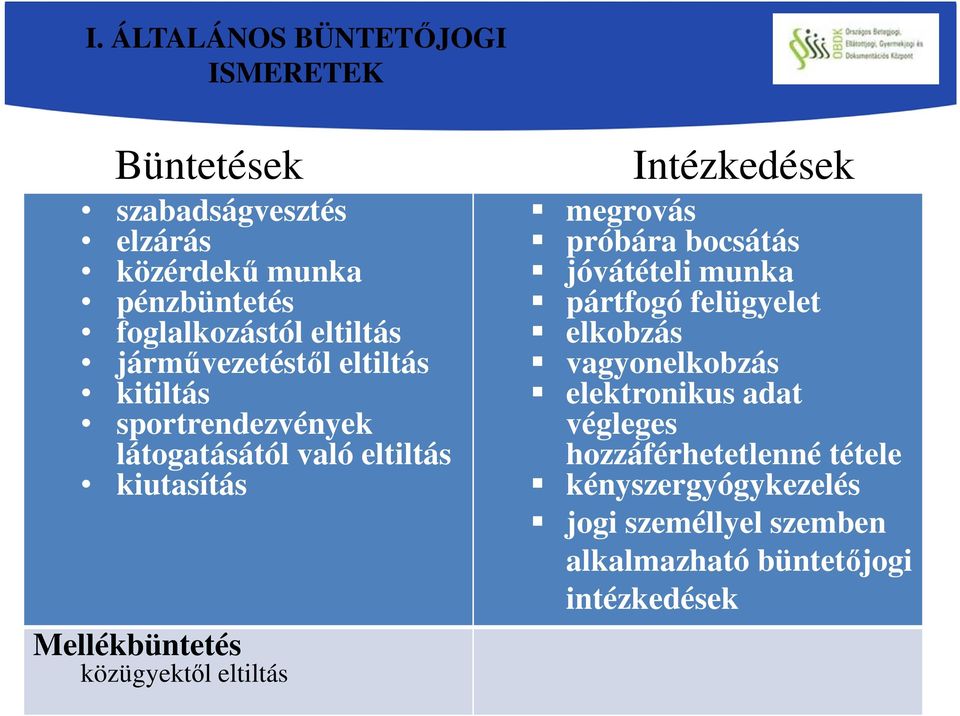 közügyektől eltiltás Intézkedések megrovás próbára bocsátás jóvátételi munka pártfogó felügyelet elkobzás vagyonelkobzás