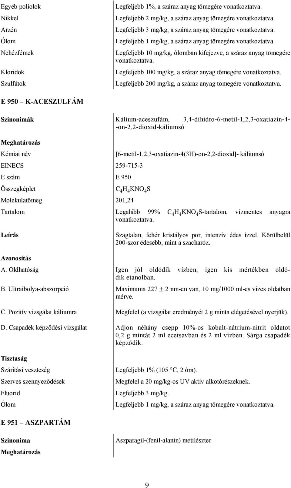 -on-2,2-dioxid-káliumsó EINECS 259-715-3 E szám E 950 [6-metil-1,2,3-oxatiazin-4(3H)-on-2,2-dioxid]- káliumsó C 4 H 4 KNO 4 S Molekulatömeg 201,24 Legalább 99% C 4 H 4 KNO 4 S-tartalom, vízmentes