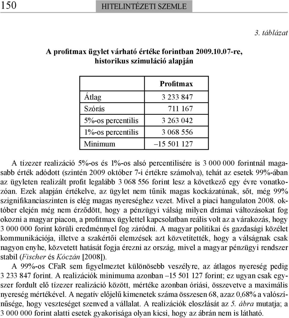 percentilisére is 3 000 000 forintnál magasabb érték adódott (szintén 2009 október 7-i értékre számolva), tehát az esetek 99%-ában az ügyleten realizált profit legalább 3 068 556 forint lesz a