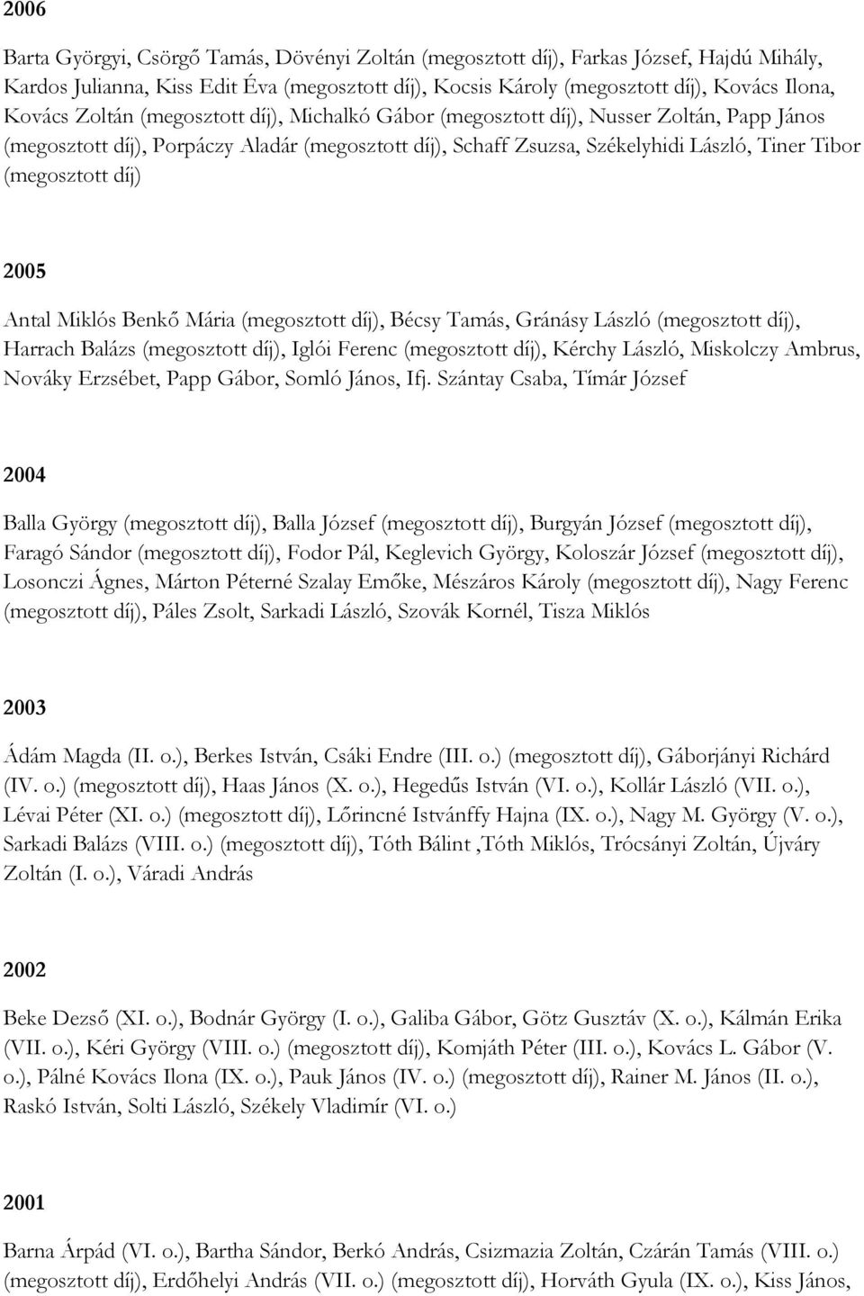 2005 Antal Miklós Benkő Mária (megosztott díj), Bécsy Tamás, Gránásy László (megosztott díj), Harrach Balázs (megosztott díj), Iglói Ferenc (megosztott díj), Kérchy László, Miskolczy Ambrus, Nováky
