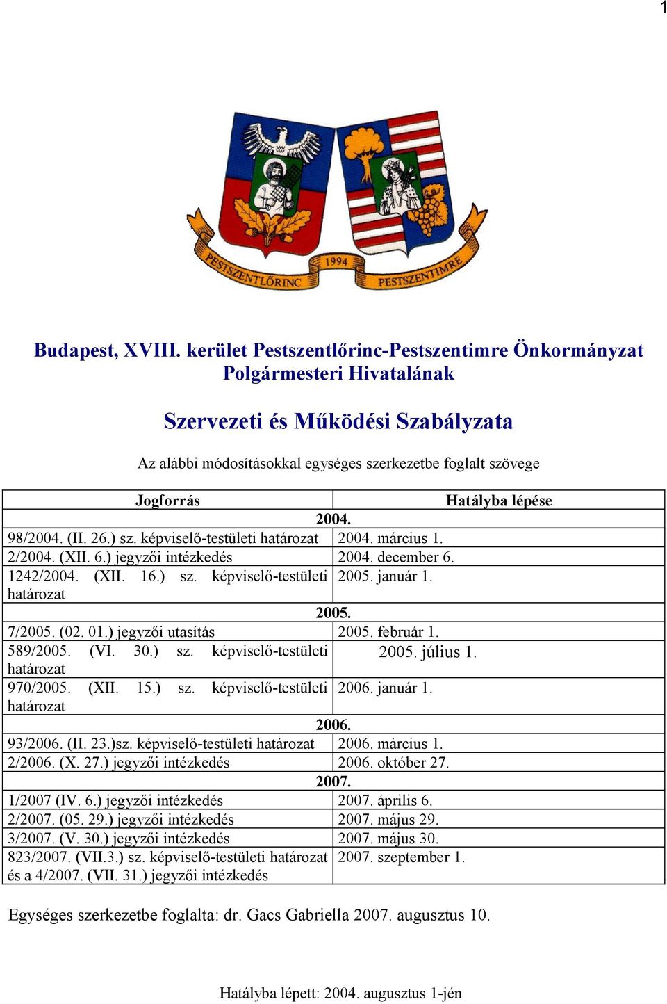 2004. 98/2004. (II. 26.) sz. képviselő-testületi határozat 2004. március 1. 2/2004. (XII. 6.) jegyzői intézkedés 2004. december 6. 1242/2004. (XII. 16.) sz. képviselő-testületi 2005. január 1.