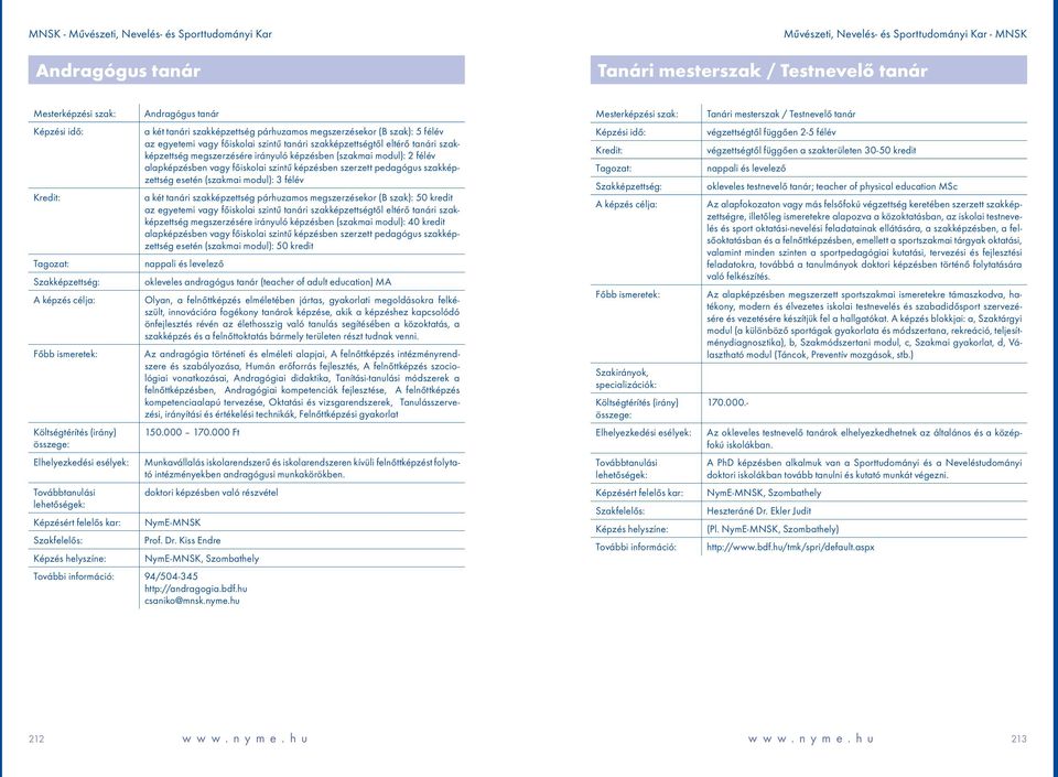 (szakmai modul): 3 félév a két tanári szakképzettség párhuzamos megszerzésekor (B szak): 50 kredit az egyetemi vagy főiskolai szintű tanári szakképzettségtől eltérő tanári szakképzettség