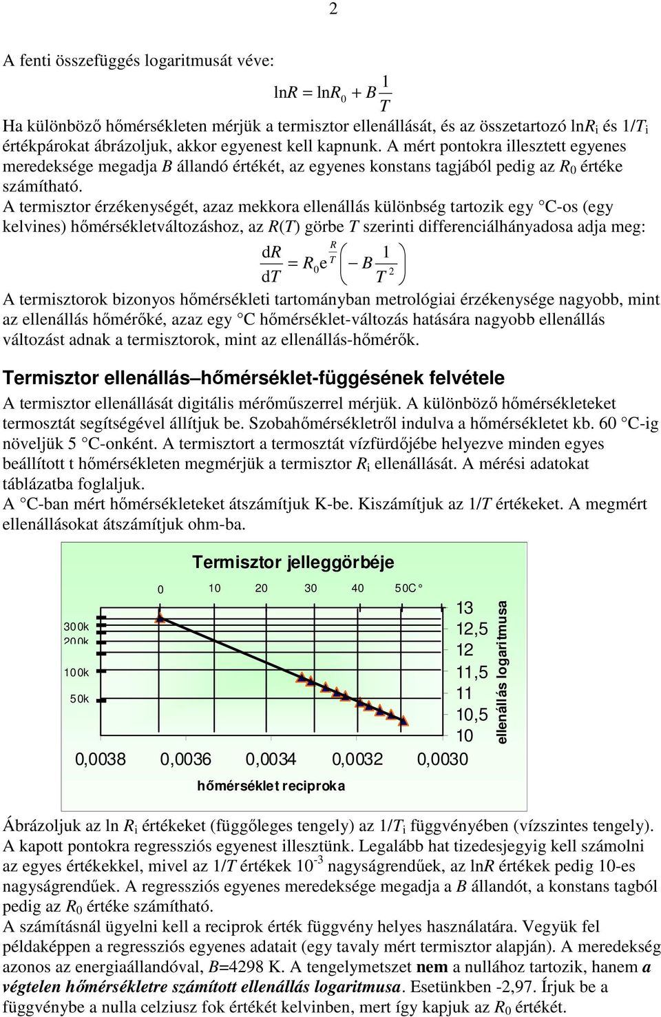 A termisztor érzékenységét, azaz mekkora ellenállás különbség tartozik egy C-os (egy kelvines) hımérsékletváltozáshoz, az R() görbe szerinti differenciálhányadosa adja meg: dr = R0e B d A