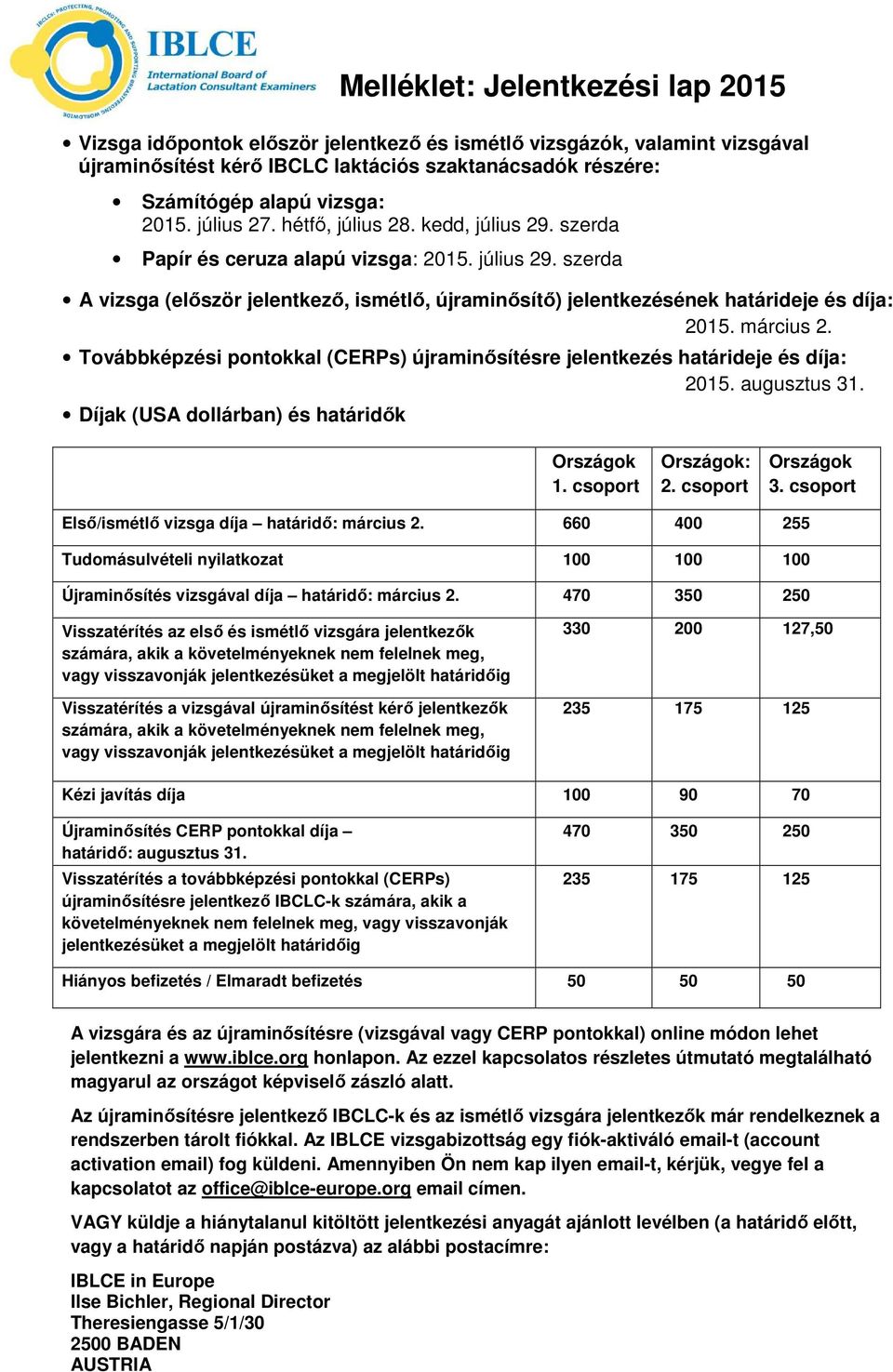 március 2. Továbbképzési pontokkal (CERPs) újraminősítésre jelentkezés határideje és díja: 2015. augusztus 31. Díjak (USA dollárban) és határidők Országok 1. csoport Országok: 2. csoport Országok 3.