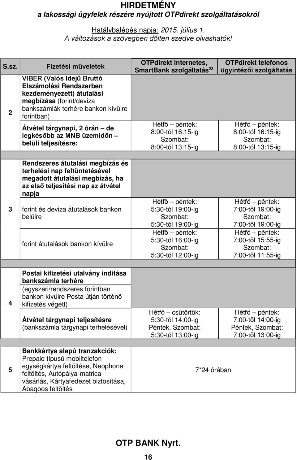 szolgáltatás Hétfő péntek: 8:00-tól 16:15-ig Szombat: 8:00-tól 13:15-ig 3 Rendszeres átutalási megbízás és terhelési nap feltüntetésével megadott átutalási megbízás, ha az első teljesítési nap az