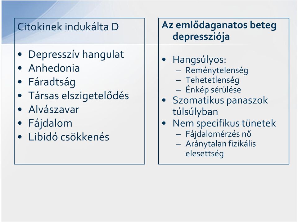 depressziója Hangsúlyos: Reménytelenség Tehetetlenség Énkép sérülése