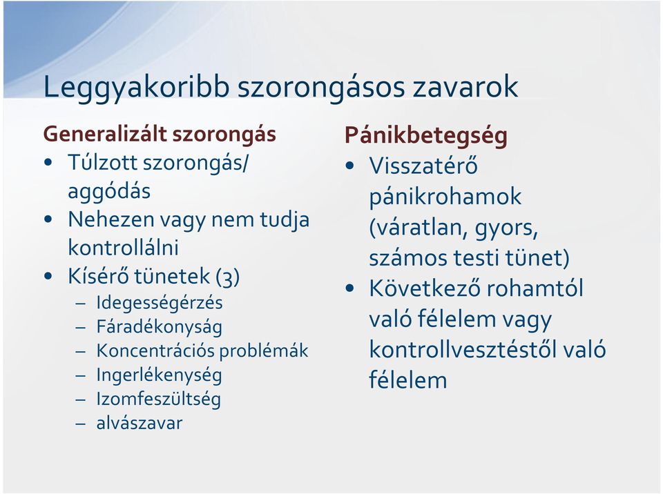 problémák Ingerlékenység Izomfeszültség alvászavar Pánikbetegség Visszatérő pánikrohamok