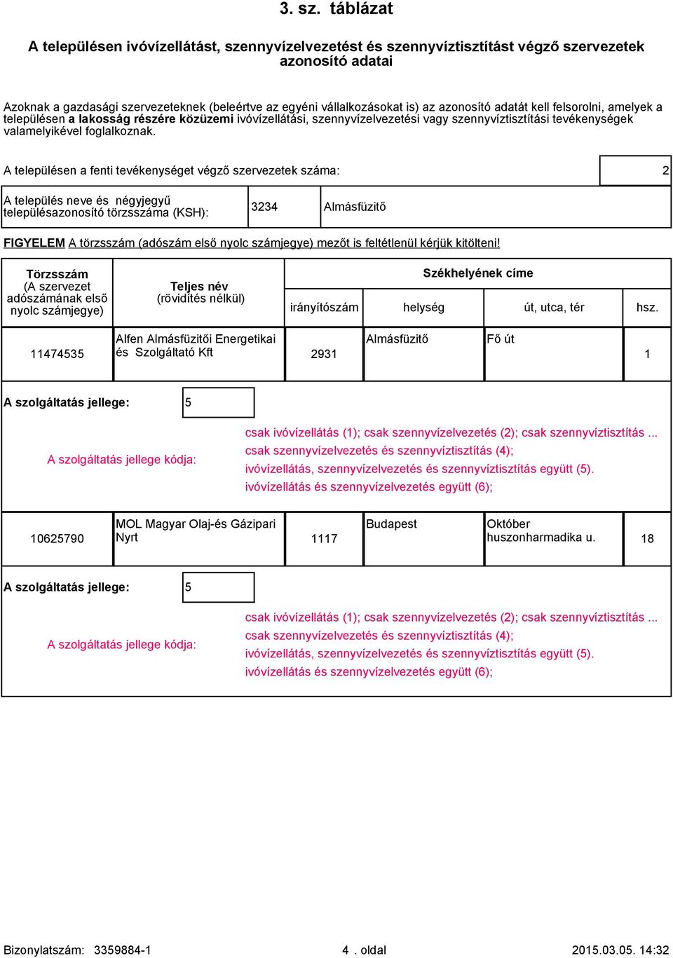 azonosító adatát kell felsorolni, amelyek a településen a lakosság részére közüzemi ivóvízellátási, szennyvízelvezetési vagy szennyvíztisztítási tevékenységek valamelyikével foglalkoznak.