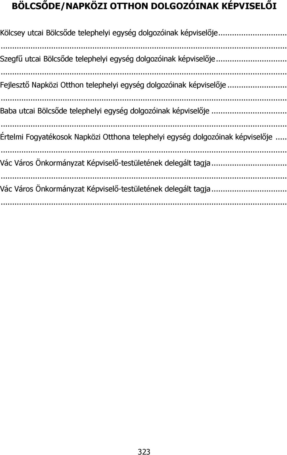 .. Fejlesztő Napközi Otthon telephelyi egység dolgozóinak képviselője... Baba utcai Bölcsőde telephelyi egység dolgozóinak képviselője.