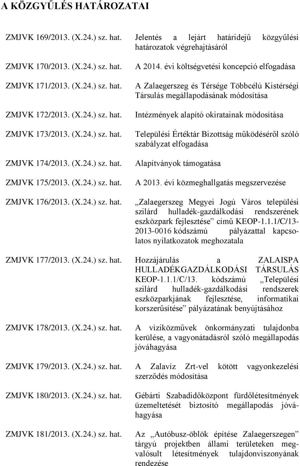 évi költségvetési koncepció elfogadása A Zalaegerszeg és Térsége Többcélú Kistérségi Társulás megállapodásának módosítása Intézmények alapító okiratainak módosítása Települési Értéktár Bizottság