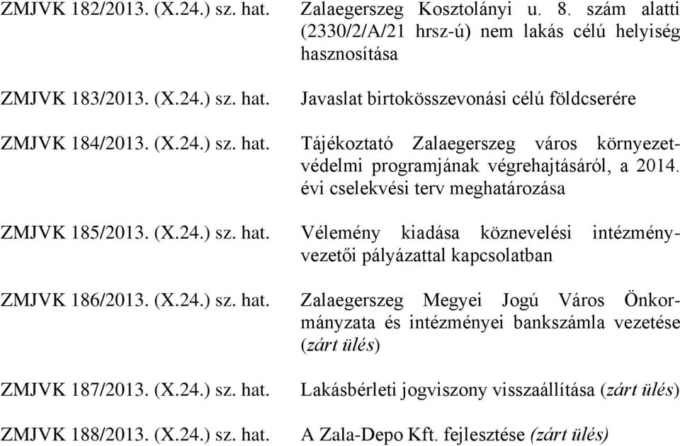 Tájékoztató Zalaegerszeg város környezetvédelmi programjának végrehajtásáról, a 2014. évi cselekvési terv meghatározása ZMJVK 185/2013. (X.24.) sz. hat.