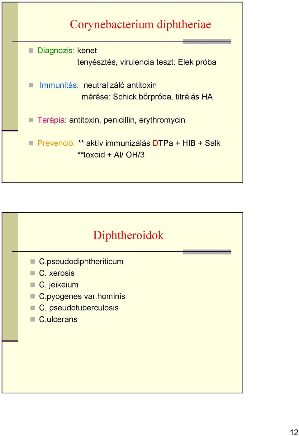 erythromycin Prevenció: ** aktív immunizálás DTPa + HIB + Salk **toxoid + Al/ OH/3 Diphtheroidok