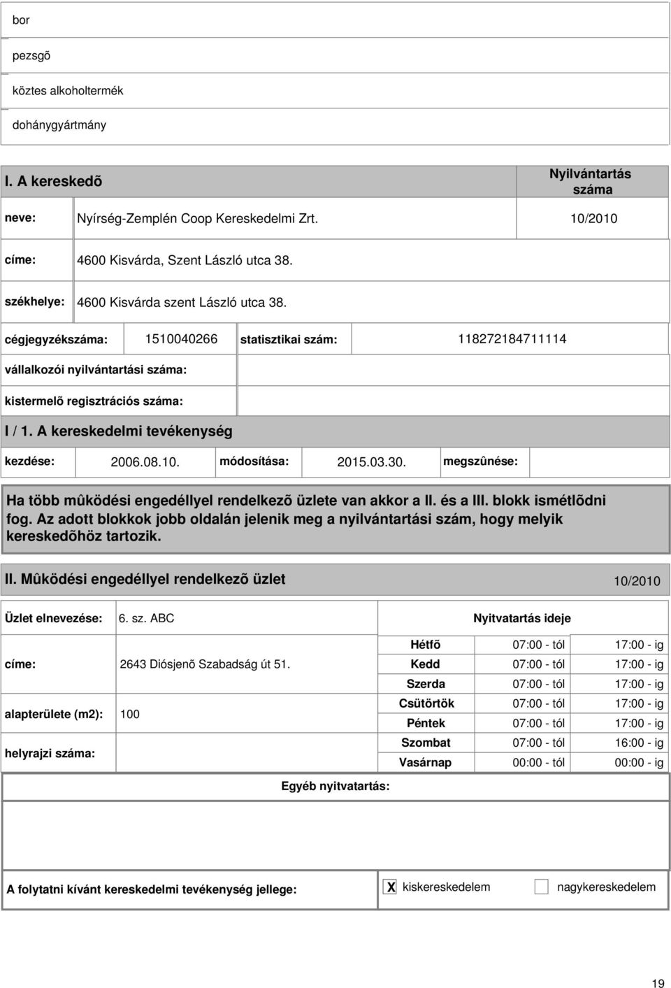 08.10. módosítása: 2015.03.30. megszûnése: II. Mûködési engedéllyel rendelkezõ üzlet 10/2010 6. sz. ABC címe: 2643 Diósjenõ Szabadság út 51.