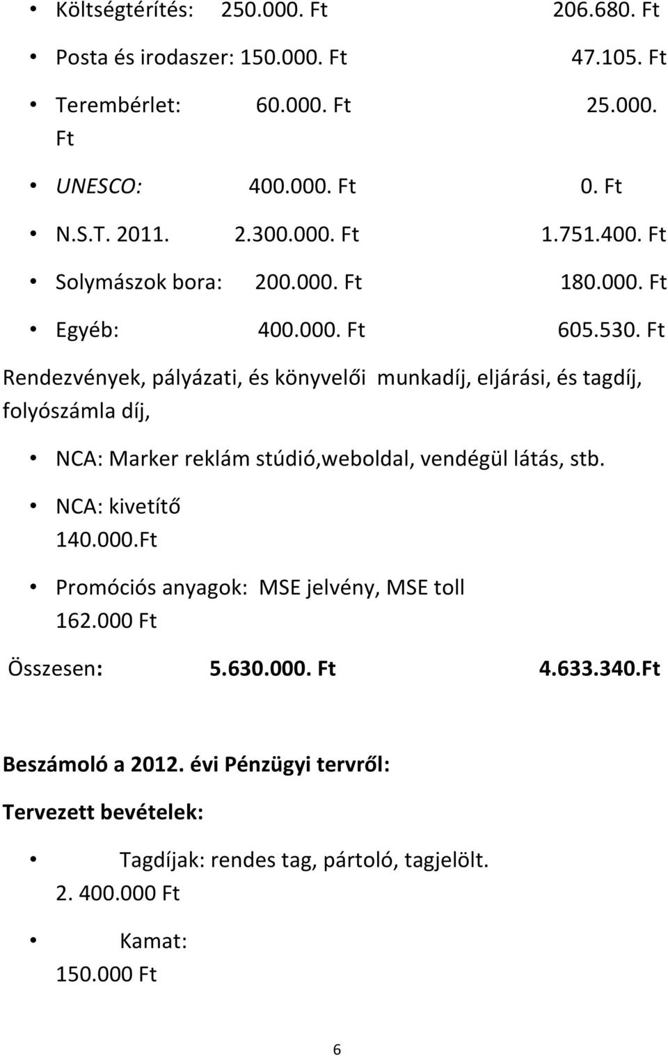 Ft Rendezvények, pályázati, és könyvelői munkadíj, eljárási, és tagdíj, folyószámla díj, NCA: Marker reklám stúdió,weboldal, vendégül látás, stb.