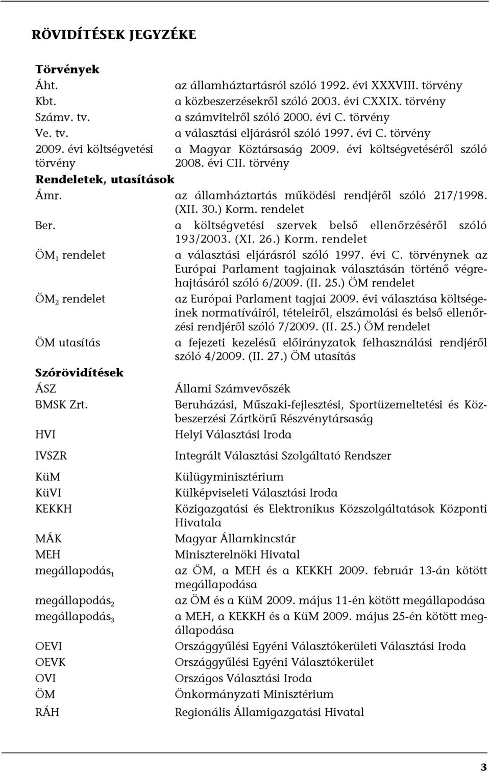 törvény Rendeletek, utasítások Ámr. az államháztartás működési rendjéről szóló 217/1998. (XII. 30.) Korm. rendelet Ber. a költségvetési szervek belső ellenőrzéséről szóló 193/2003. (XI. 26.) Korm. rendelet ÖM 1 rendelet a választási eljárásról szóló 1997.