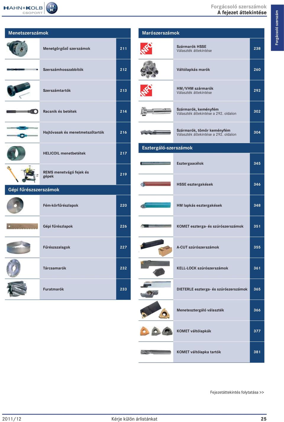 oldalon 302 Hajtóvasak és menetmetszőtartók 216 Szármarók, tömör keményfém Választék áttekintése a 292.