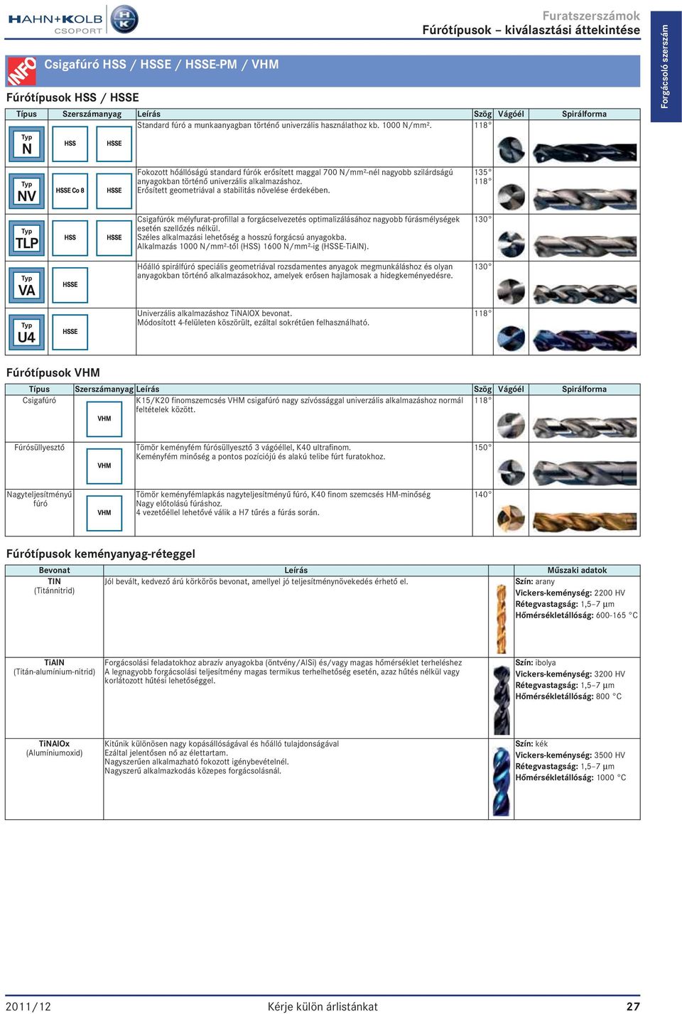 118 N Forgácsoló szerszám NV TLP VA U4 Fokozott hőállóságú standard fúrók erősített maggal 700 N/mm²-nél nagyobb szilárdságú anyagokban történő univerzális alkalmazáshoz.