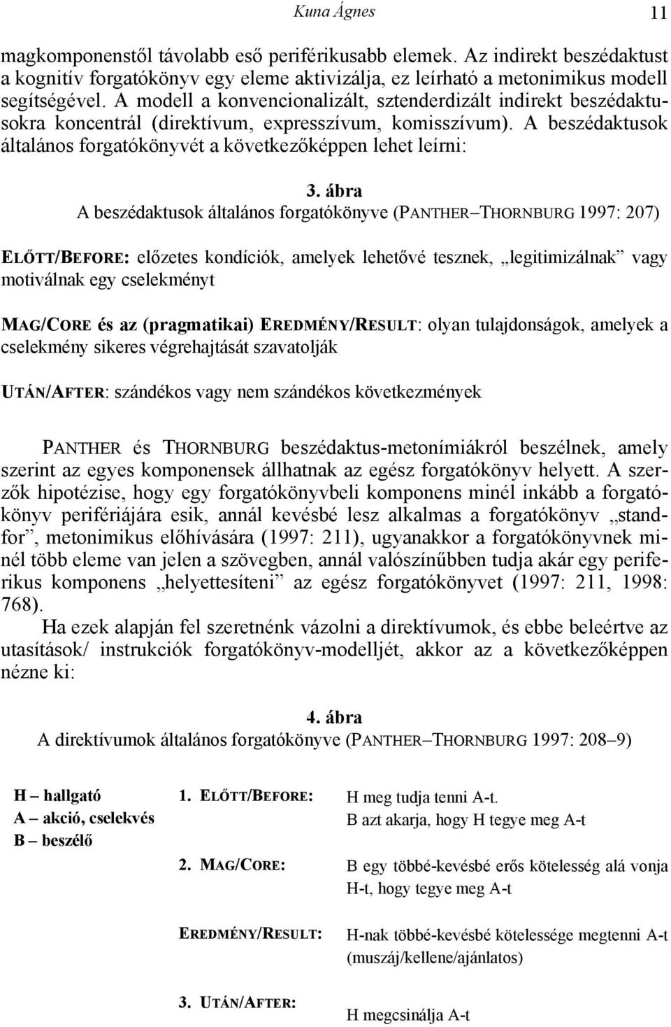 ábra A beszédaktusok általános forgatókönyve (PANTHER THORNBURG 1997: 207) ELŐTT/BEFORE: előzetes kondíciók, amelyek lehetővé tesznek, legitimizálnak vagy motiválnak egy cselekményt MAG/CORE és az