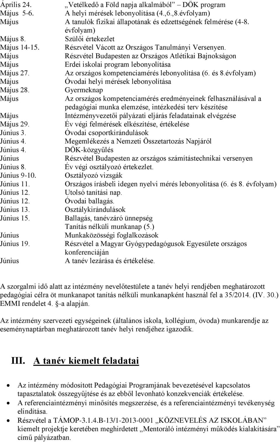 Május Részvétel Budapesten az Országos Atlétikai Bajnokságon Május Erdei iskolai program lebonyolítása Május 27. Az országos kompetenciamérés lebonyolítása (6. és 8.