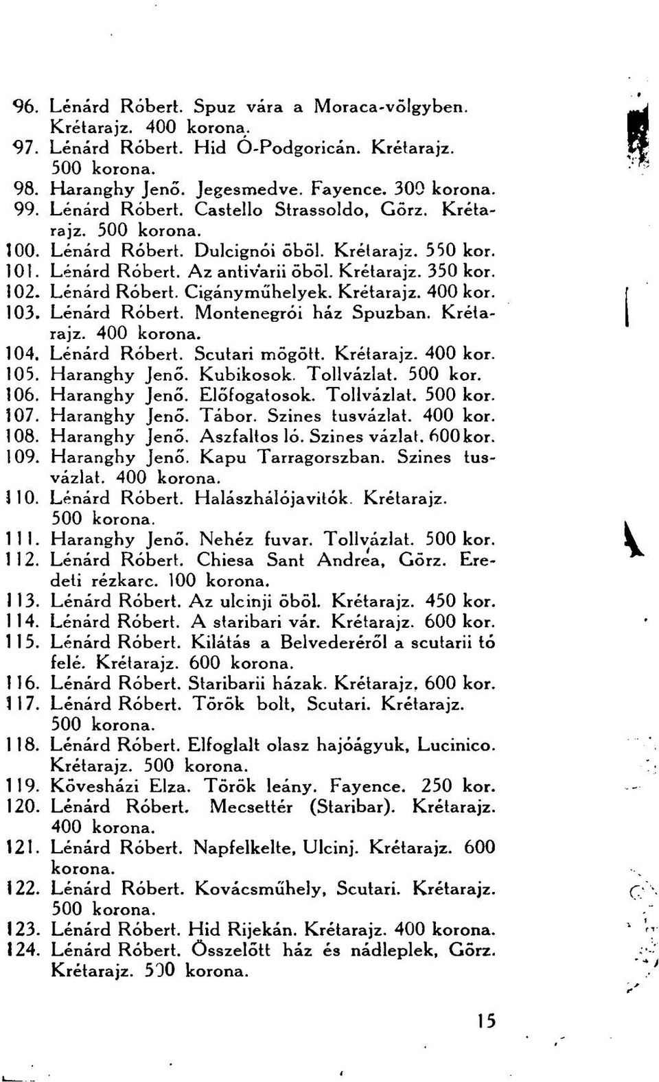 Lénárd Róbert. Montenegrói ház Spuzban. Krétarajz. 104. Lénárd Róbert. Scutari mögött. Krétarajz. 400 kor. 105. Haranghy Jenő. Kubikosok. Tollvázlat. 500 kor. 106. Haranghy Jenő. Előfogatosok.