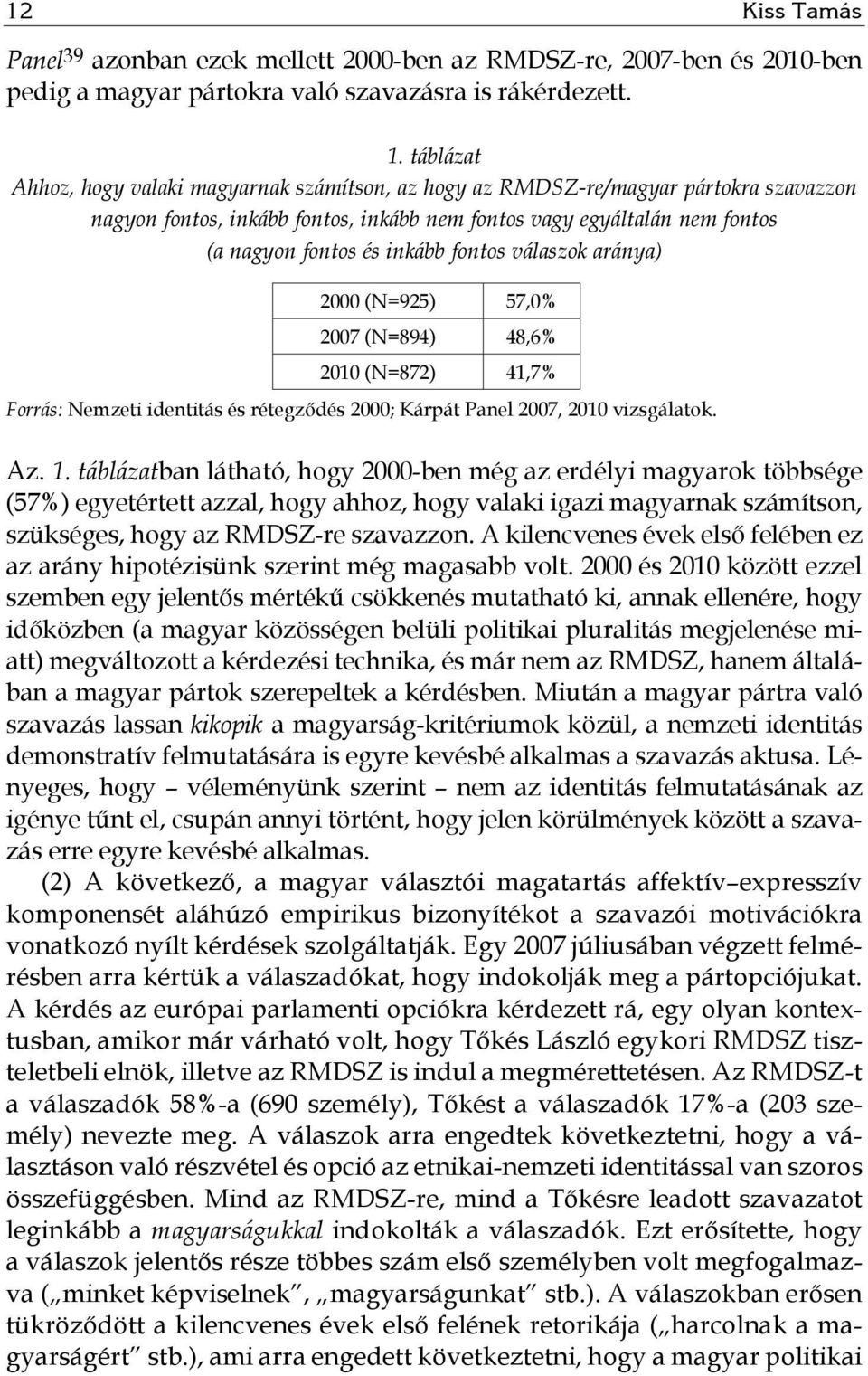 fontos válaszok aránya) 2000 (N=925) 57,0% 2007 (N=894) 48,6% 2010 (N=872) 41,7% Forrás: Nemzeti identitás és rétegződés 2000; Kárpát Panel 2007, 2010 vizsgálatok. Az. 1.