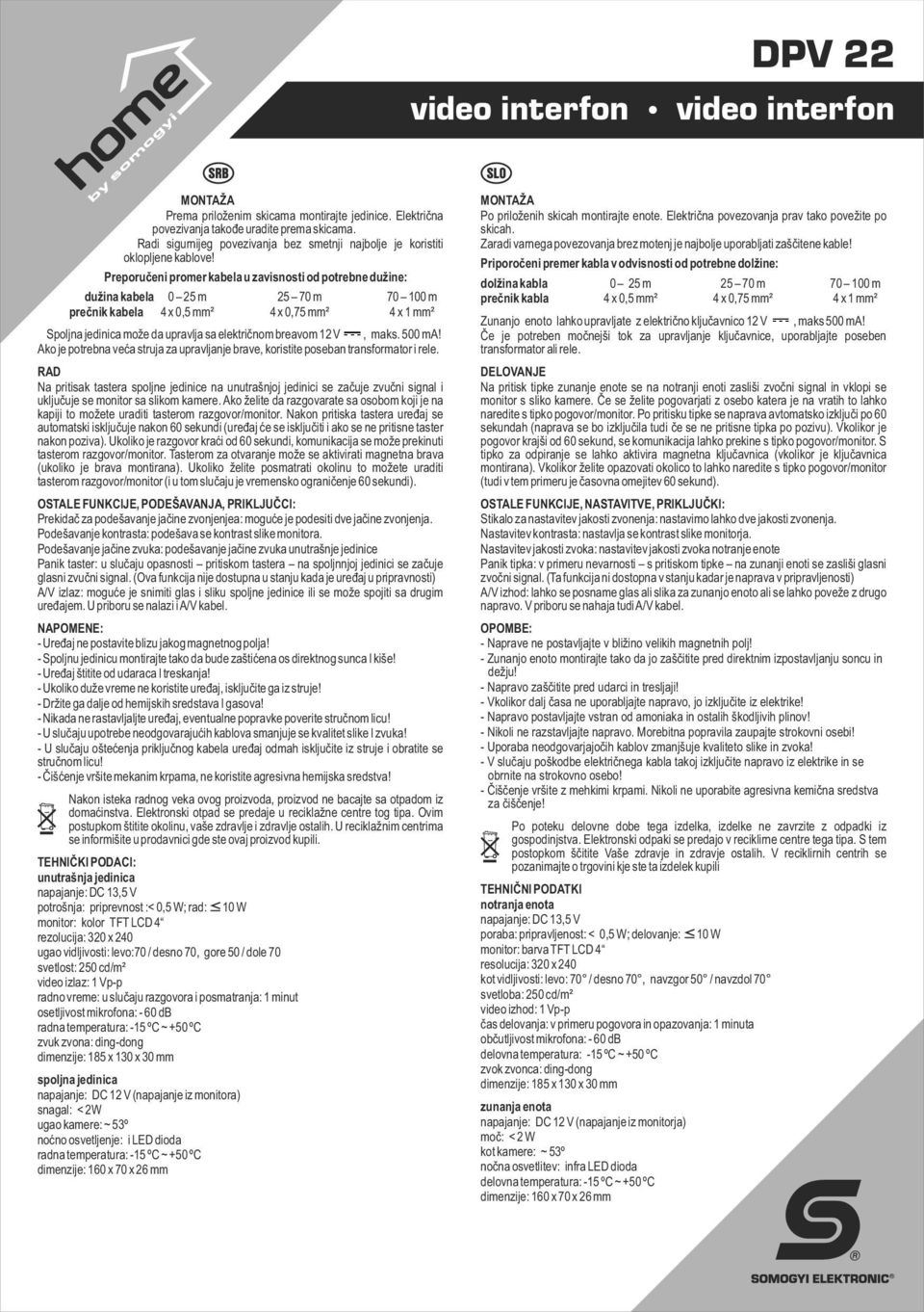 Preporučeni promer kabela u zavisnosti od potrebne dužine: dužina kabela 0 25 m 25 70 m 70 100 m prečnik kabela 4 x 0,5 mm² 4 x 0,75 mm² 4 x 1 mm² Spoljna jedinica može da upravlja sa električnom
