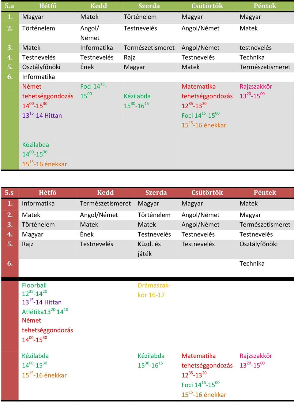 Informatika Német Foci 14 15-15 00 12 35-13 20 5.s Hétfő Kedd Szerda Csütörtök Péntek 1. Informatika Természetismeret Magyar Magyar Matek 2.