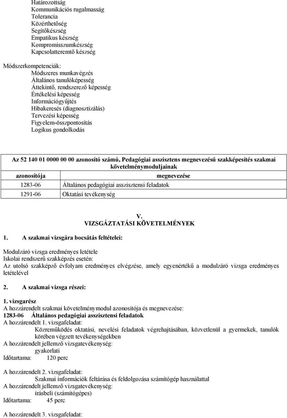 00 azonosító számú, Pedagógiai asszisztens megnevezésű szakképesítés szakmai követelménymoduljainak azonosítója megnevezése 1283-06 Általános pedagógiai asszisztensi feladatok 1291-06 Oktatási