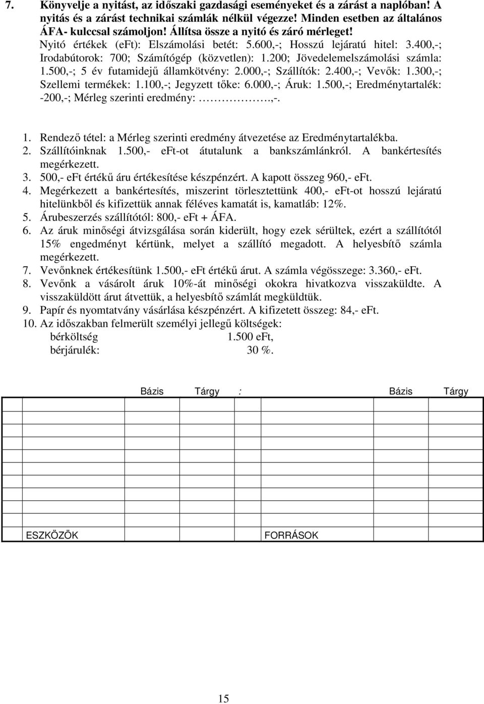 200; Jövedelemelszámolási számla: 1.500,-; 5 év futamidejű államkötvény: 2.000,-; Szállítók: 2.400,-; Vevők: 1.300,-; Szellemi termékek: 1.100,-; Jegyzett tőke: 6.000,-; Áruk: 1.