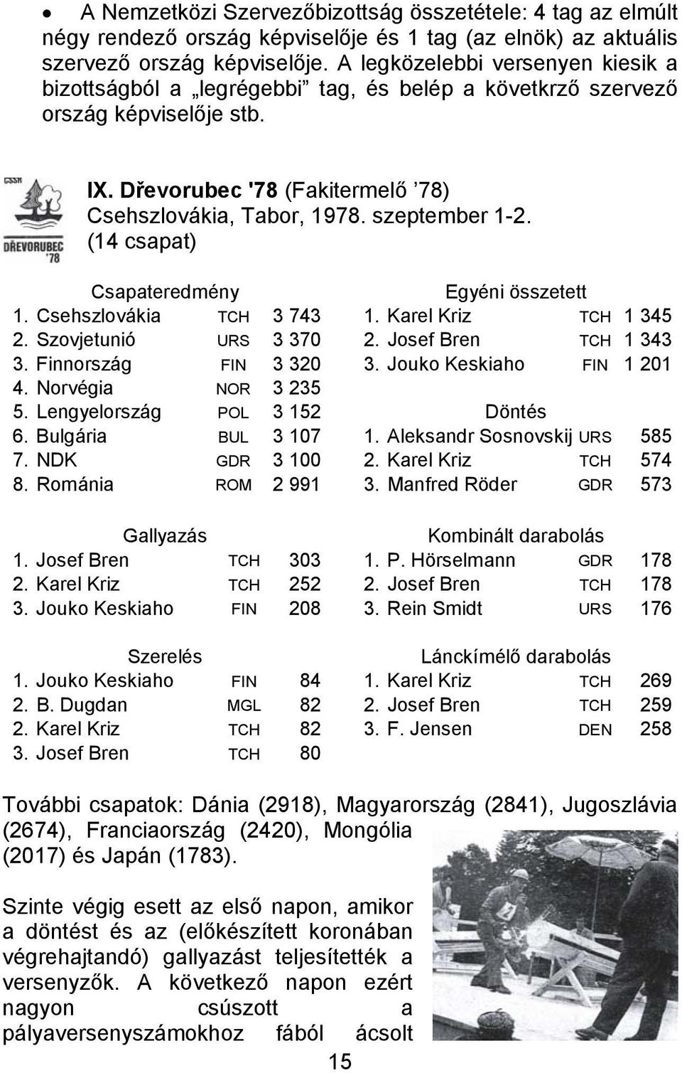 (14 csapat) Csapateredmény Egyéni összetett 1. Csehszlovákia TCH 3 743 1. Karel Kriz TCH 1 345 2. Szovjetunió URS 3 370 2. Josef Bren TCH 1 343 3. Finnország FIN 3 320 3. Jouko Keskiaho FIN 1 201 4.