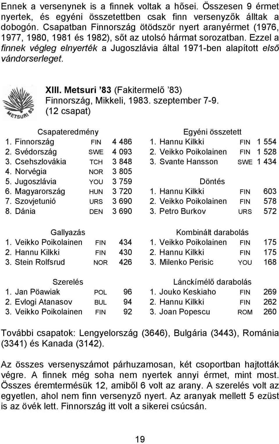 Ezzel a finnek végleg elnyerték a Jugoszlávia által 1971-ben alapított első vándorserleget. XIII. Metsuri 83 (Fakitermelő 83) Finnország, Mikkeli, 1983. szeptember 7-9.