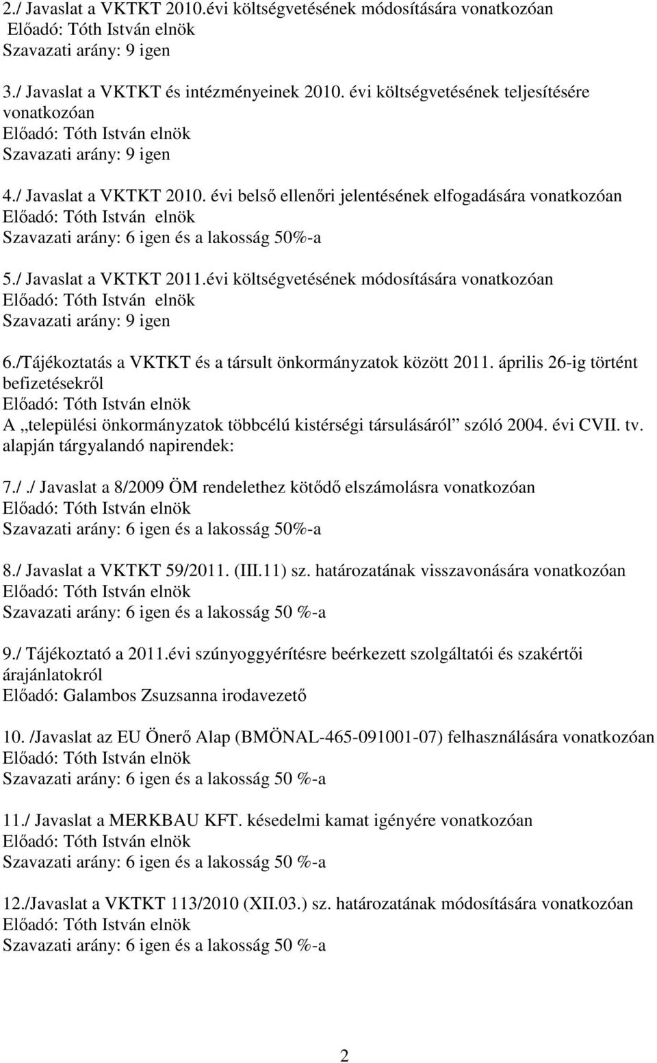 évi belső ellenőri jelentésének elfogadására vonatkozóan Előadó: Tóth István elnök Szavazati arány: 6 igen és a lakosság 50%-a 5./ Javaslat a VKTKT 2011.