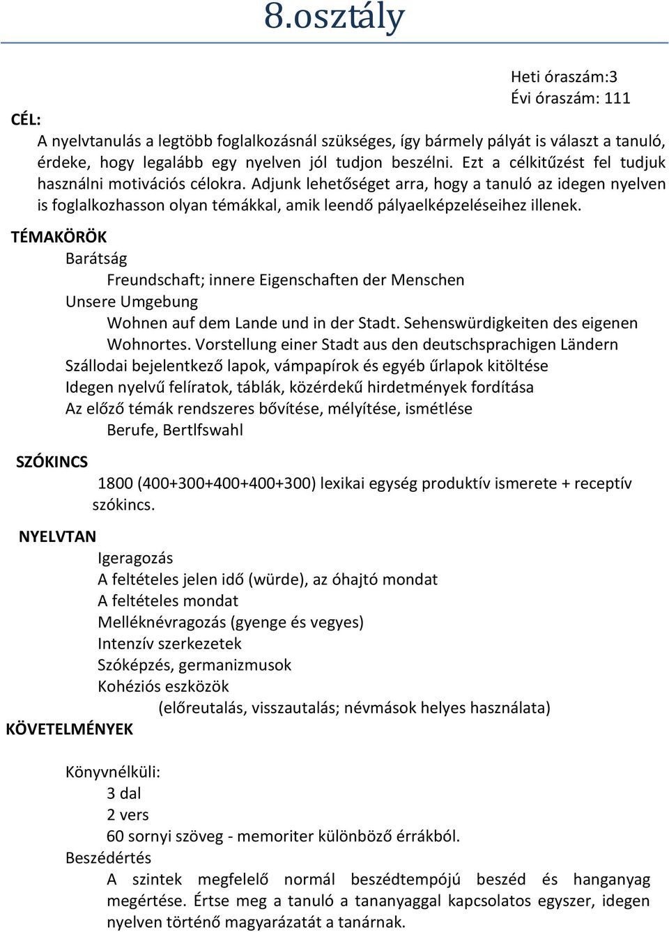 TÉMAKÖRÖK Barátság Freundschaft; innere Eigenschaften der Menschen Unsere Umgebung Wohnen auf dem Lande und in der Stadt. Sehenswürdigkeiten des eigenen Wohnortes.