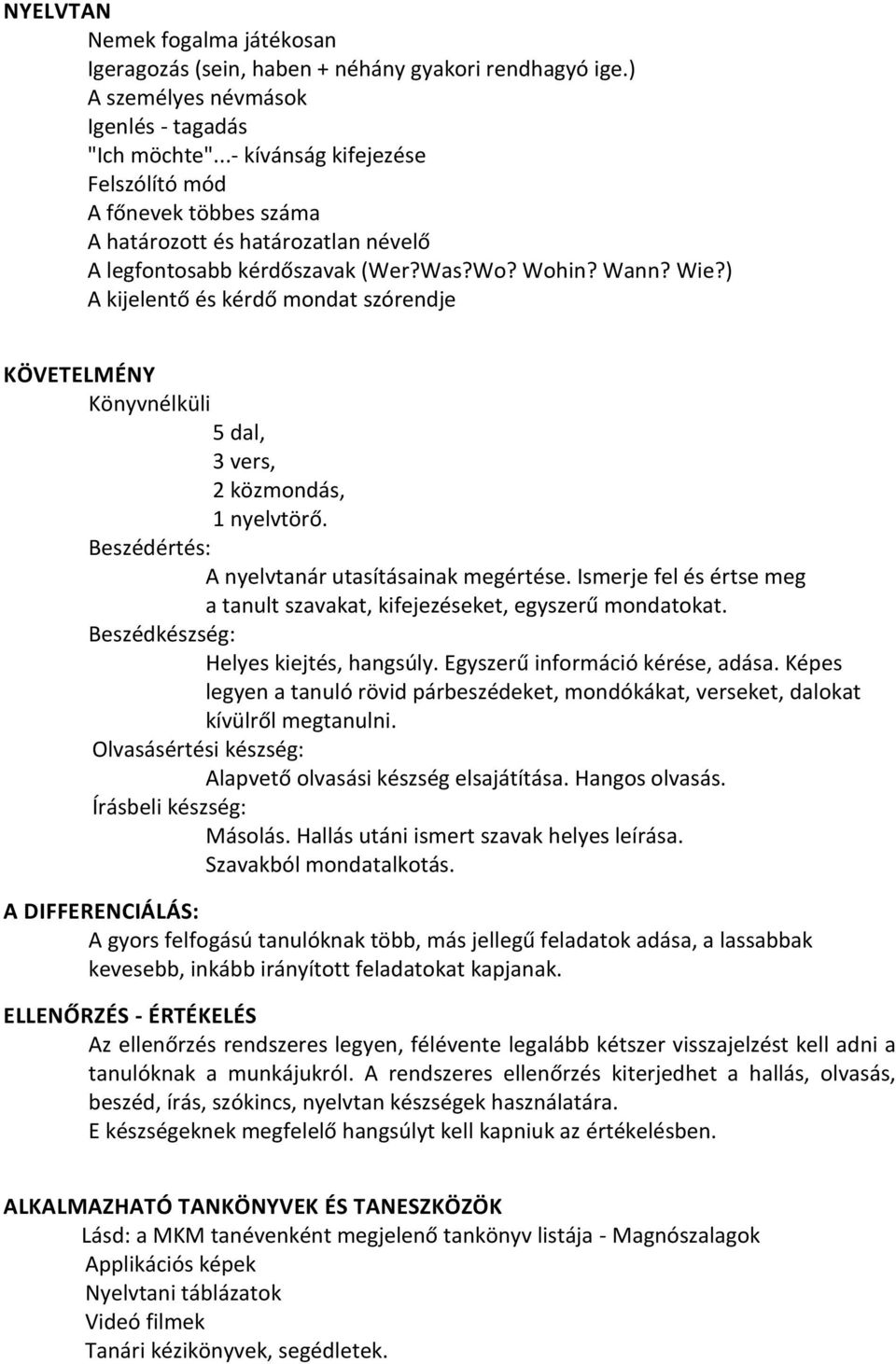 ) A kijelentő és kérdő mondat szórendje KÖVETELMÉNY Könyvnélküli 5 dal, 3 vers, 2 közmondás, 1 nyelvtörő. Beszédértés: A nyelvtanár utasításainak megértése.