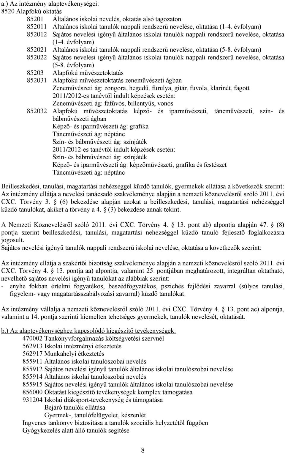 évfolyam) 852022 Sajátos nevelési igényű általános iskolai tanulók nappali rendszerű nevelése, oktatása (5-8.