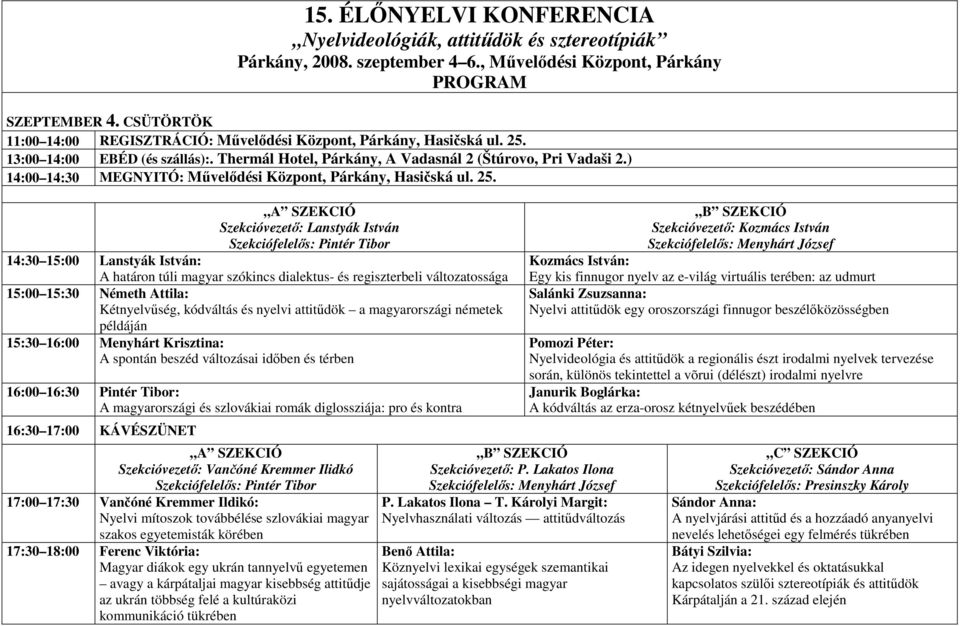 ) 14:00 14:30 MEGNYITÓ: Mővelıdési Központ, Párkány, Hasičská ul. 25.