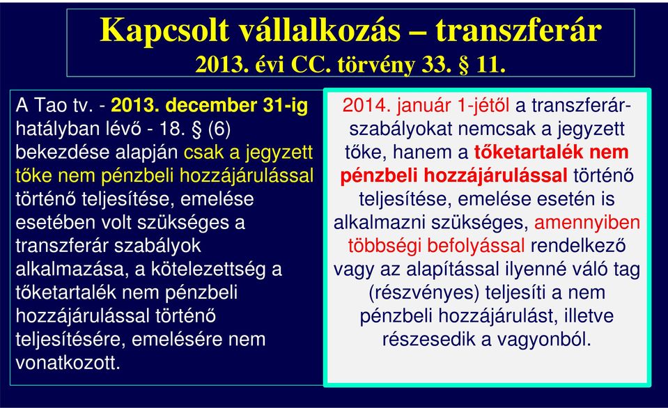 tőketartalék nem pénzbeli hozzájárulással történő teljesítésére, emelésére nem vonatkozott. 2014.