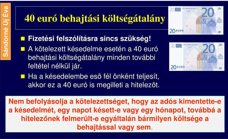 Ha a késedelembe eső fél önként teljesít, akkor ez a 40 euró is megilleti a hitelezőt.
