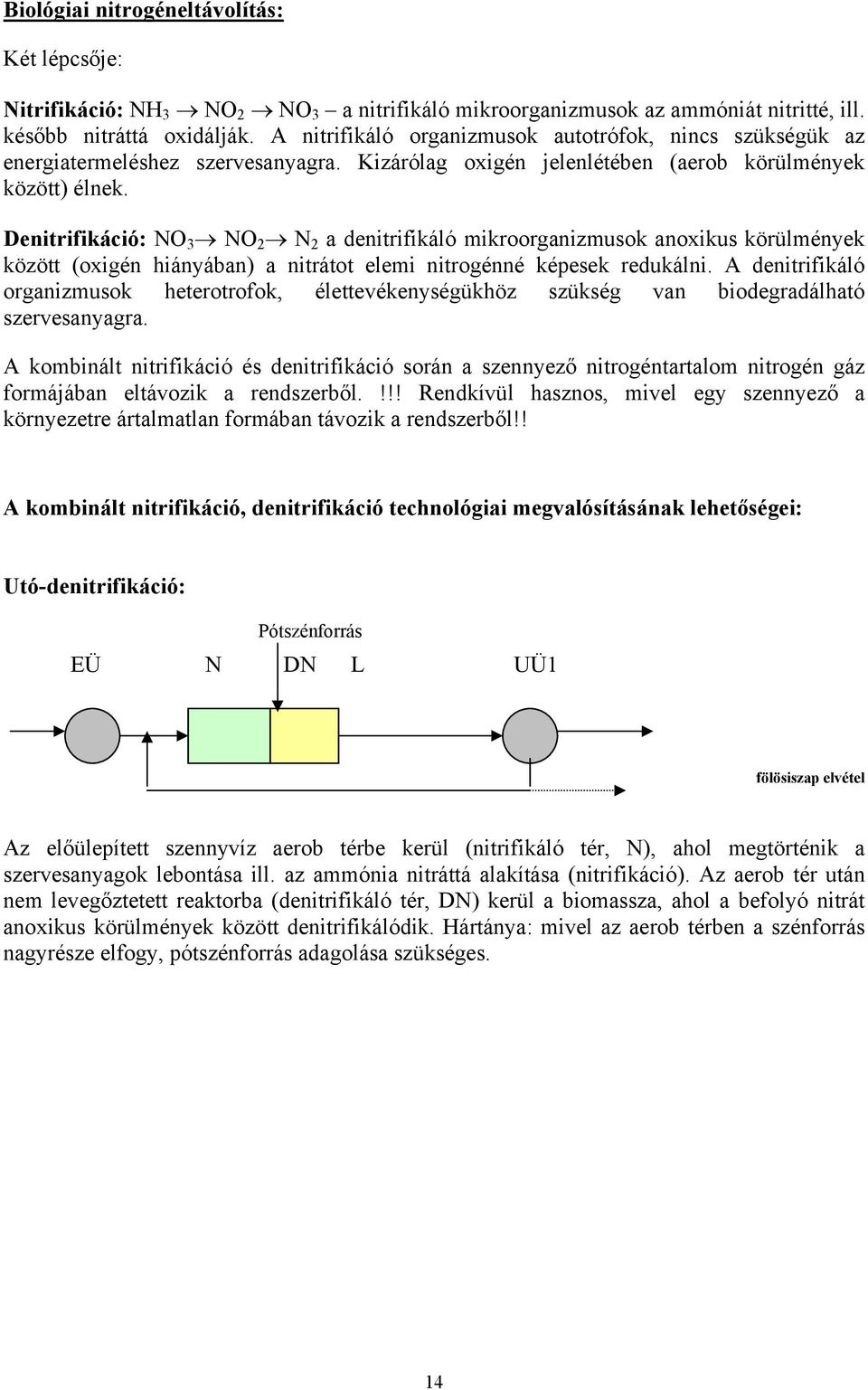 Denitrifikáció: NO 3 NO 2 N 2 a denitrifikáló mikroorganizmusok anoxikus körülmények között (oxigén hiányában) a nitrátot elemi nitrogénné képesek redukálni.