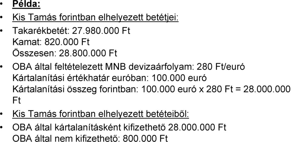 000 Ft OBA által feltételezett MNB devizaárfolyam: 280 Ft/euró Kártalanítási értékhatár euróban: 100.