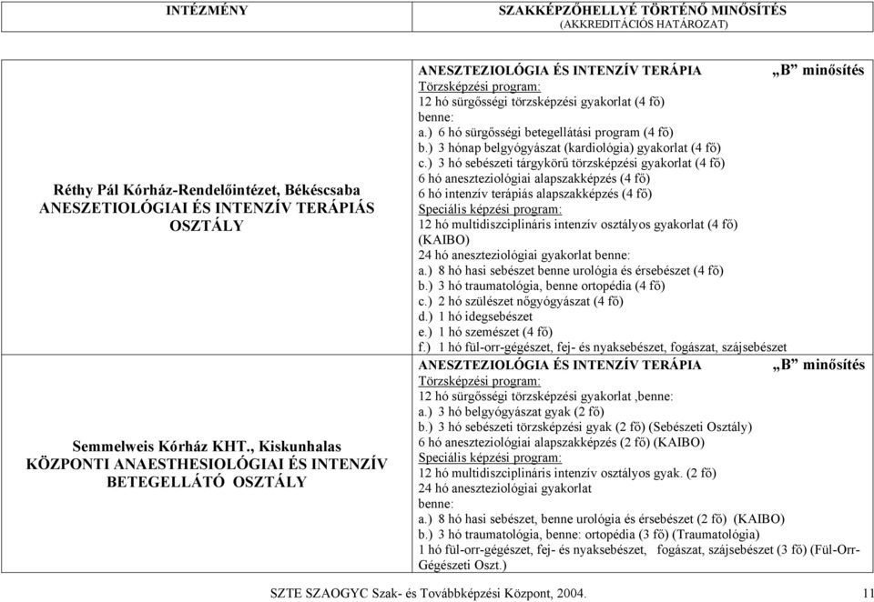 ) 6 hó sürgősségi betegellátási program (4 fő) b.) 3 hónap belgyógyászat (kardiológia) gyakorlat (4 fő) c.