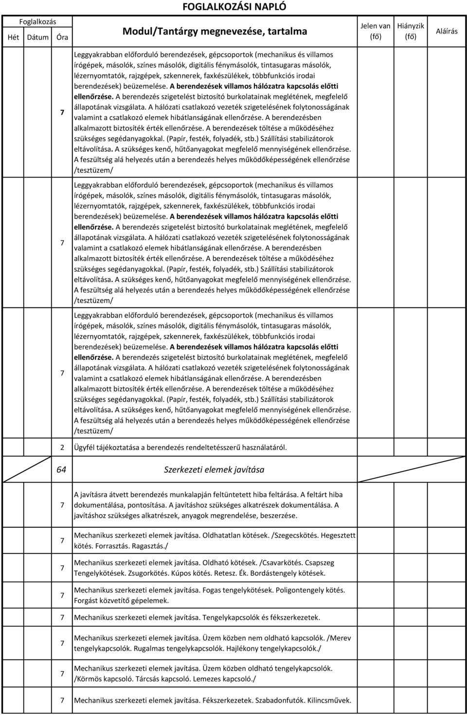 Mechanikus szerkezeti elemek javítása. Oldhatatlan kötések. /Szegecskötés. Hegesztett kötés. Forrasztás. Ragasztás./ Mechanikus szerkezeti elemek javítása. Oldható kötések. /Csavarkötés.