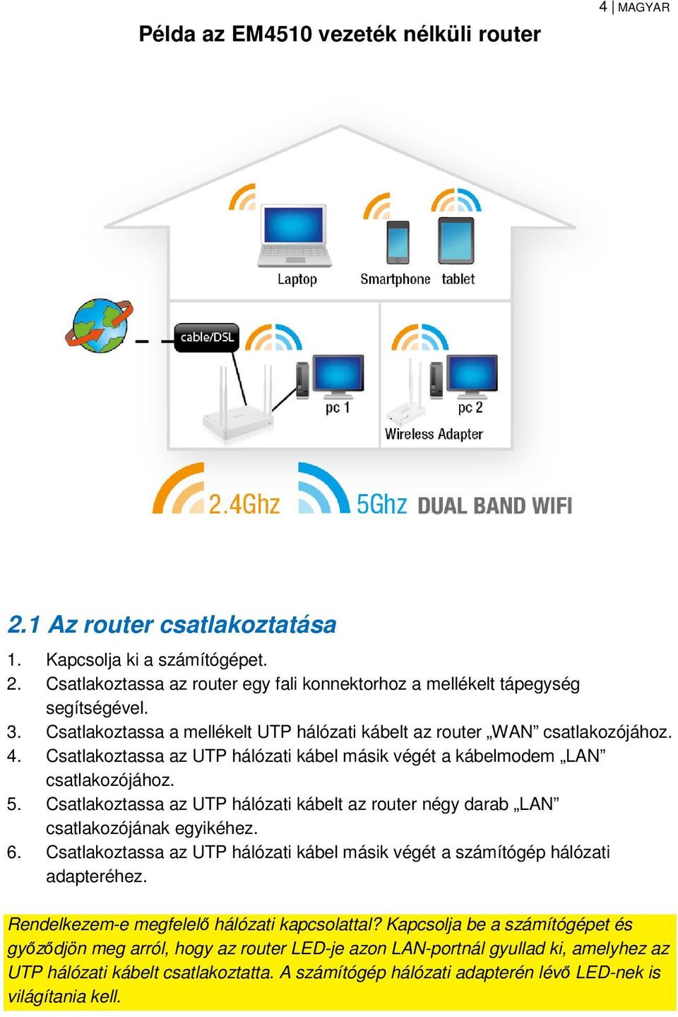 Csatlakoztassa az UTP hálózati kábelt az router négy darab LAN csatlakozójának egyikéhez. 6. Csatlakoztassa az UTP hálózati kábel másik végét a számítógép hálózati adapteréhez.